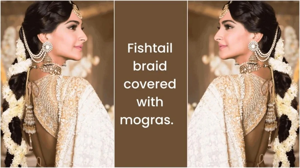 Best 7 Evergreen Indian Bridal Hairstyles 11 Fishtail braid covered with Mogras